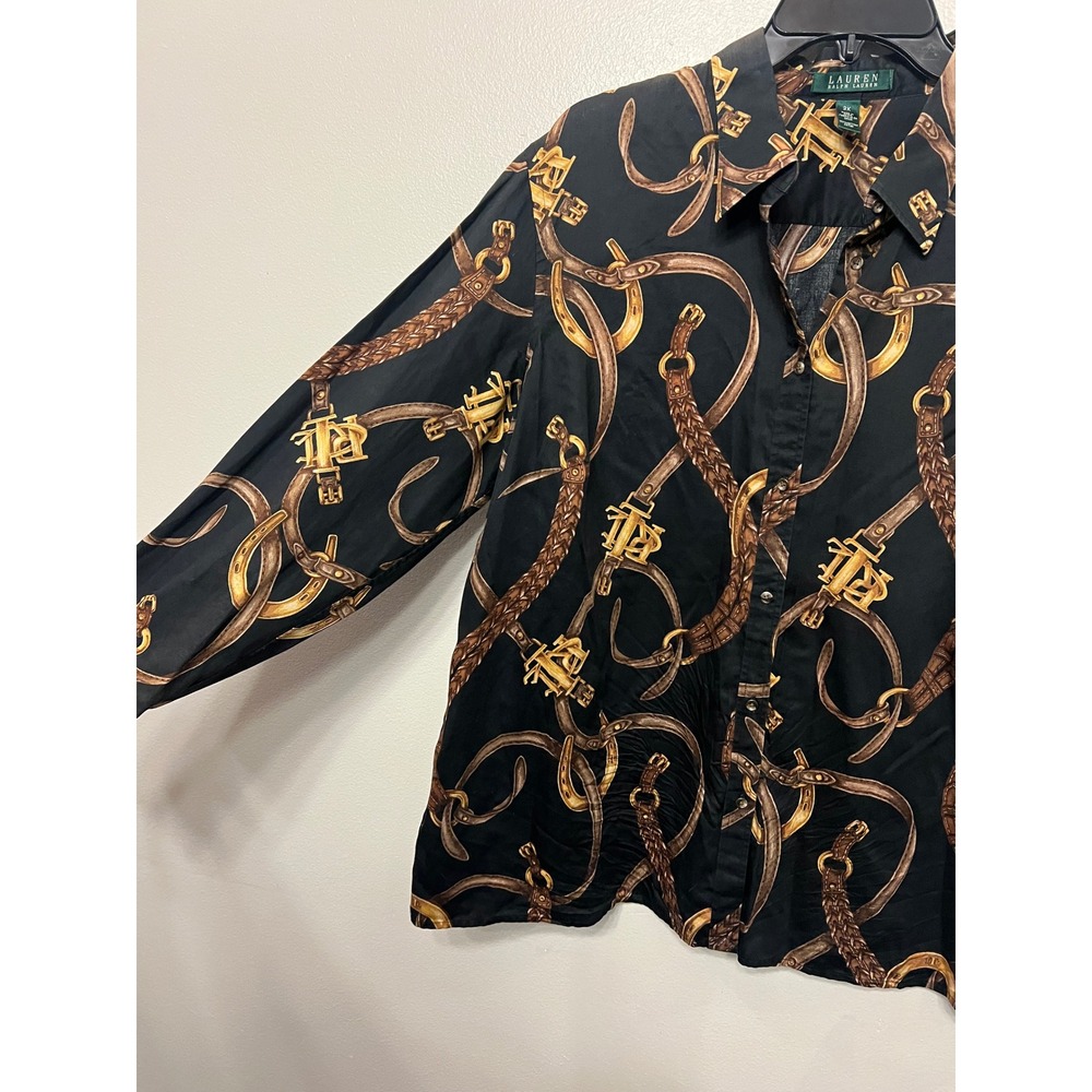 Lauren Ralph Lauren Equestrian Belt Print Cotton Button Down Shirt Black 2X
